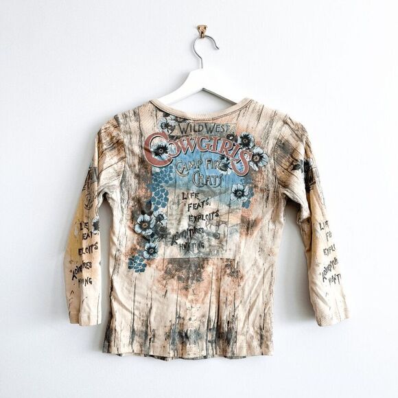 Skinny Minnie Women's Vintage Wild West Cowgirls 3/4 Sleeve Tee Multi Medium - Picture 2 of 6